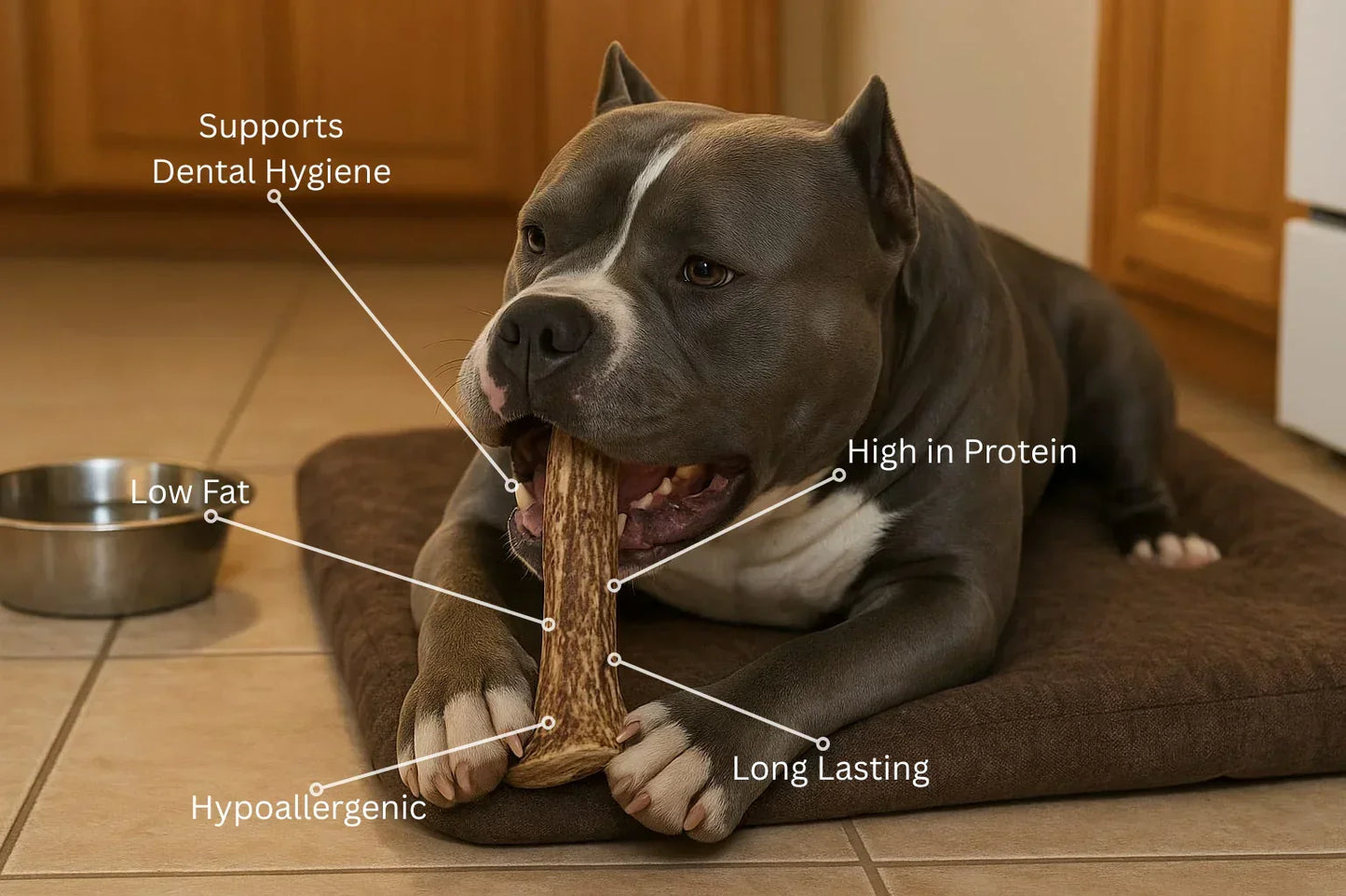 Dog chewing natural split antler treat on mat, labeled benefits: dental hygiene, low fat, protein.