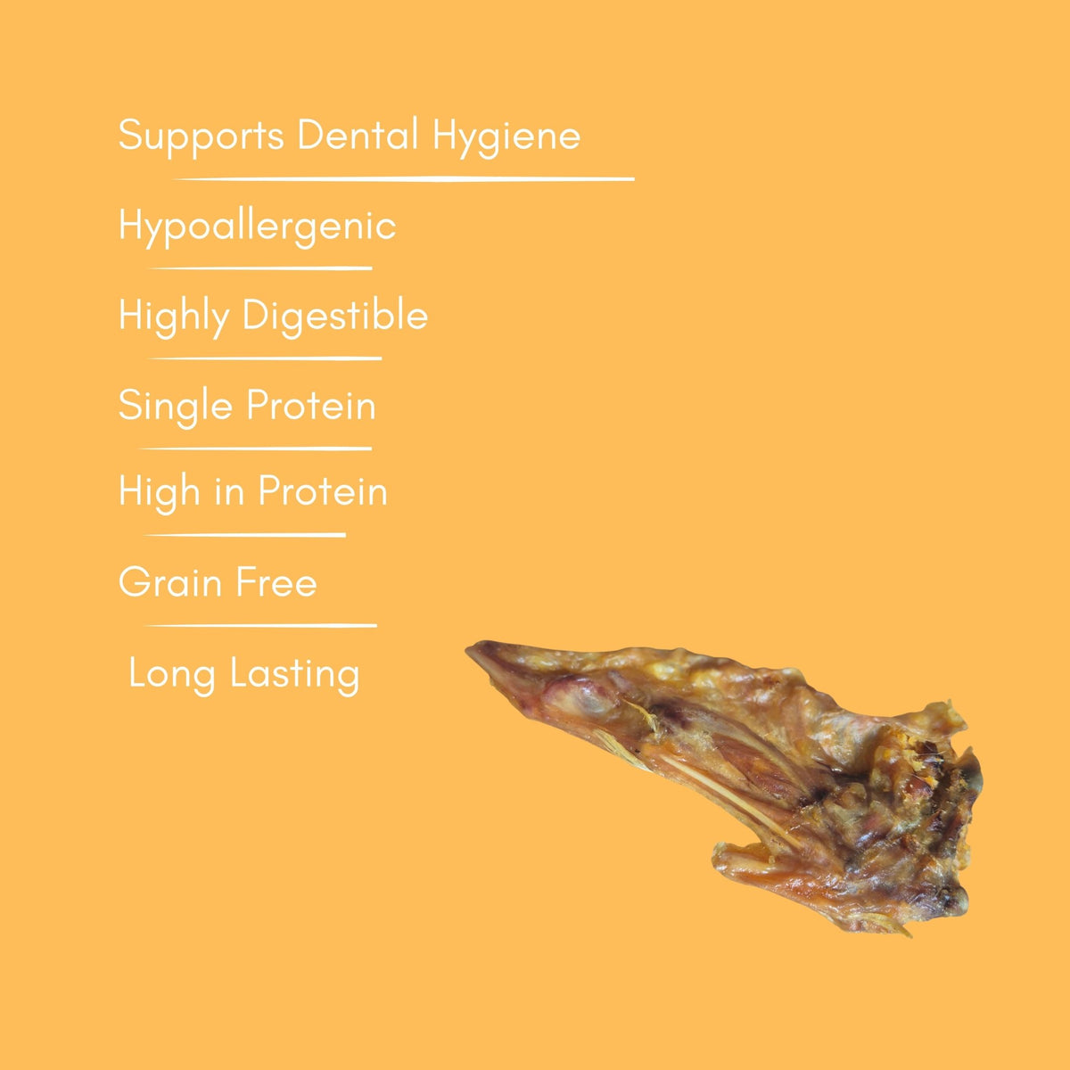 A single natural air dried turkey wing chew for dogs on a solid warm orange background, with white text listing product benefits such as supports dental hygiene, hypoallergenic, highly digestible, single protein, high in protein, grain free, and long lasting.