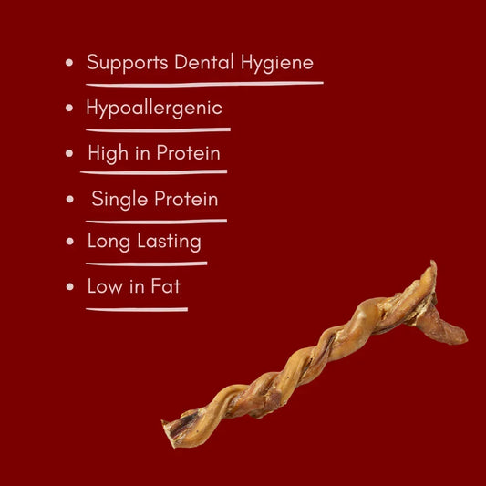 Twisted pizzle natural dog treat on red background with dental, hypoallergenic, high protein benefits listed.