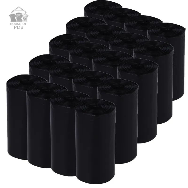 Multiple rolls of black dog poo bags on a white background with 'House of PDB' branding.
