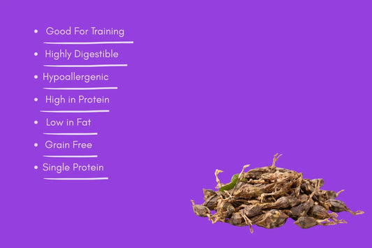 Whole quail natural dog treats on purple background with benefits listed, House Of PDB