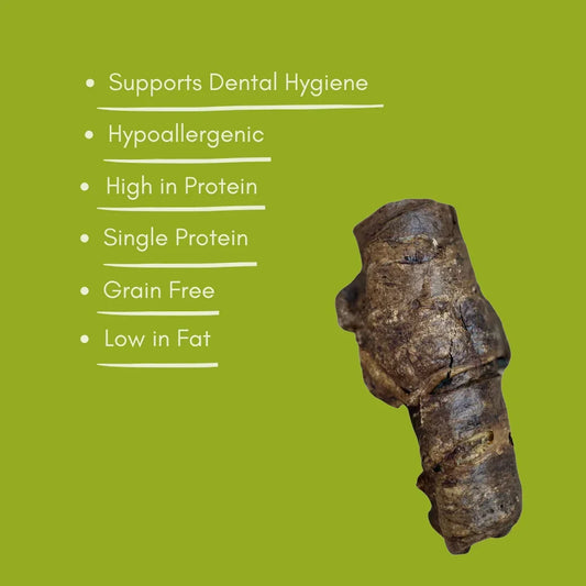 Natural wrapped buffalo trachea dog treat with benefits list on green background