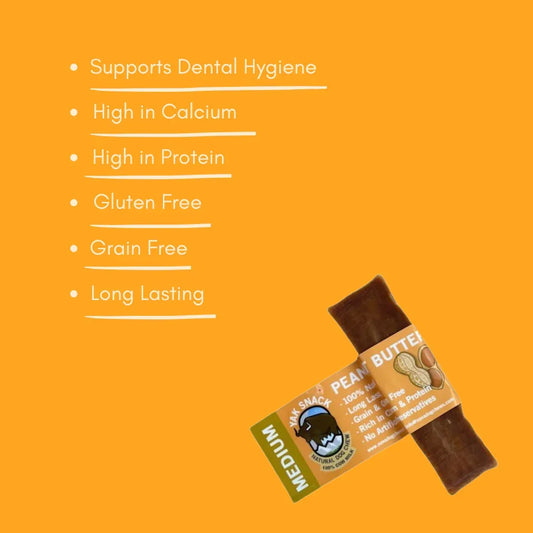 Yak peanut butter dog chew with benefits listed on orange background, House Of PDB.
