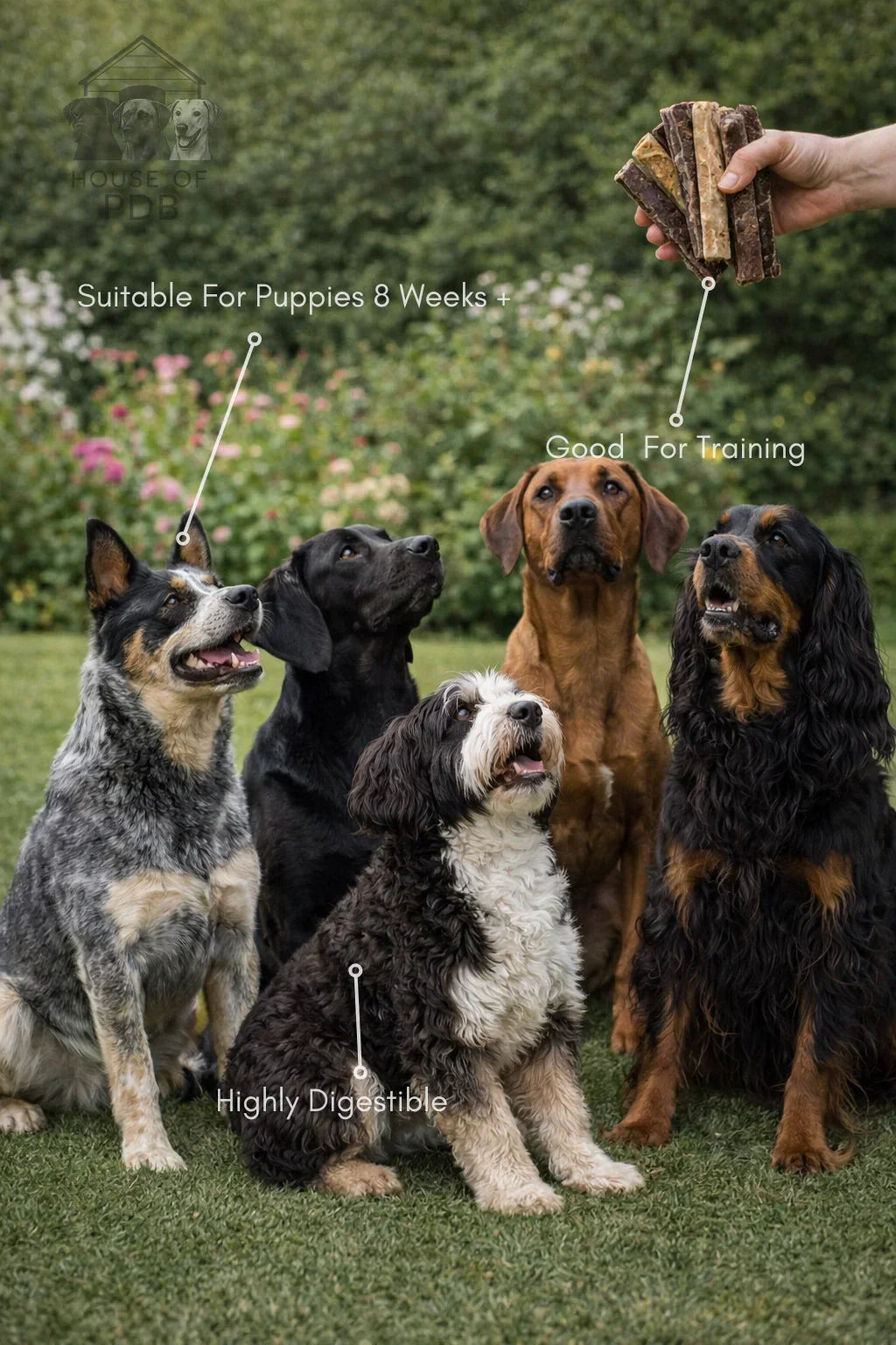 Four attentive dogs sitting on grass look at a hand holding House Of PDB natural dog treats.