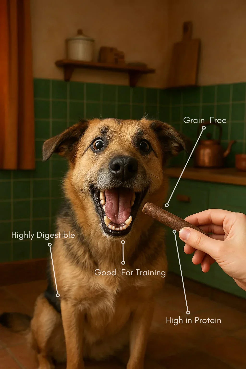 Happy dog in kitchen excited for House Of PDB salmon sausage dog treat, grain free and high protein