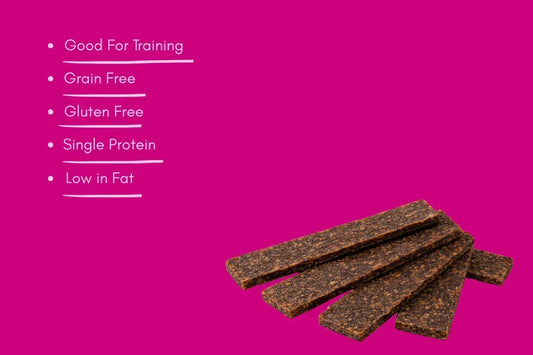 Venison strips dog treats, grain free, gluten free, low fat, House Of PDB, magenta background