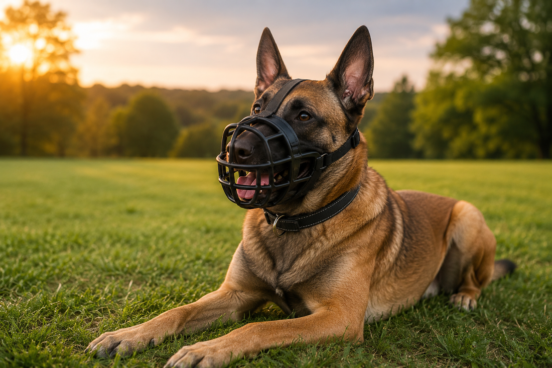 Dog learns to wear a muzzle through positive reinforcement, treats, and praise, building trust, confidence, and comfort step by step.