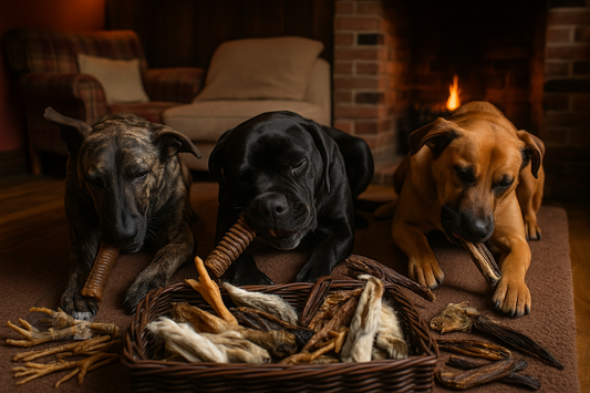 Three dogs eating chews