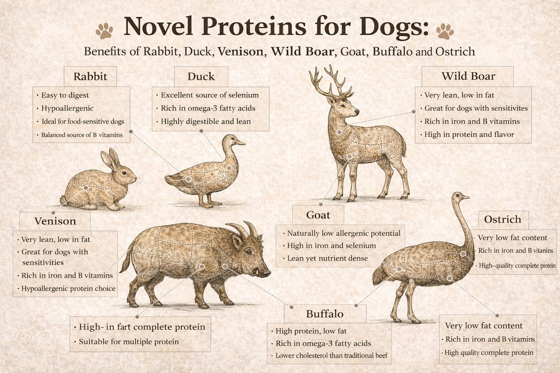 Novel Proteins for Dogs: Benefits of Rabbit, Duck, Venison, Wild Boar, Goat, Buffalo, & Ostrich - House Of PDB