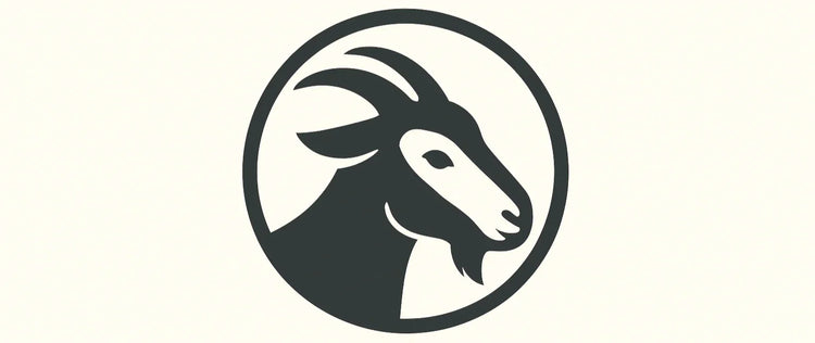 Minimalist black goat head logo in a circle on a light background, natural pet treats brand