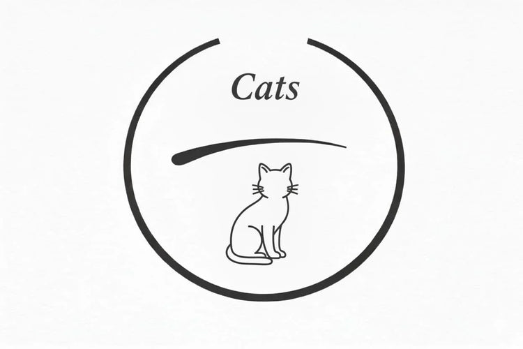 Minimal line art cat icon with 'Cats' text in black circle, House Of PDB natural pet treats.
