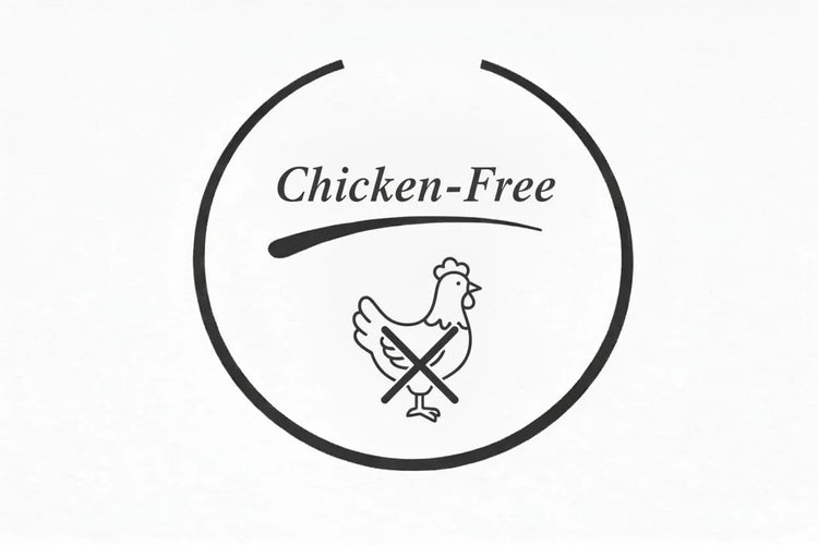 Chicken-free icon with crossed-out chicken for natural dog and cat treats from House Of PDB