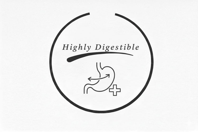 Highly digestible pet treat icon with stomach symbol and wellness cross, House Of PDB