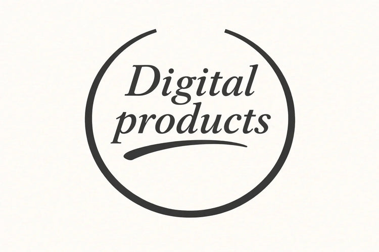 Digital products logo in black serif font inside a partial circle on a white background.