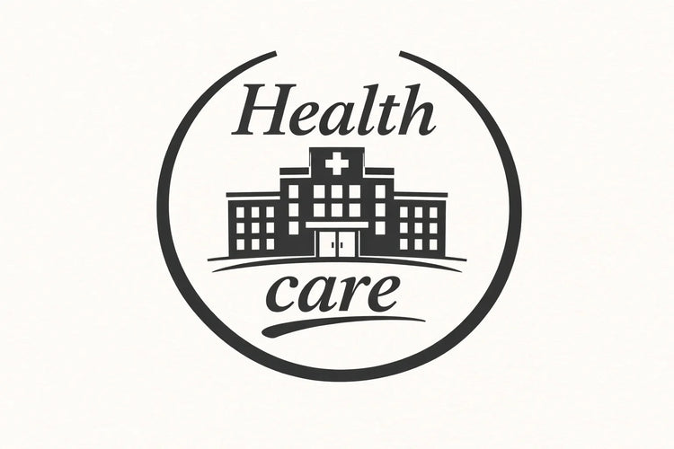 Black and white health care logo with hospital building and bold Health Care text in a circle.