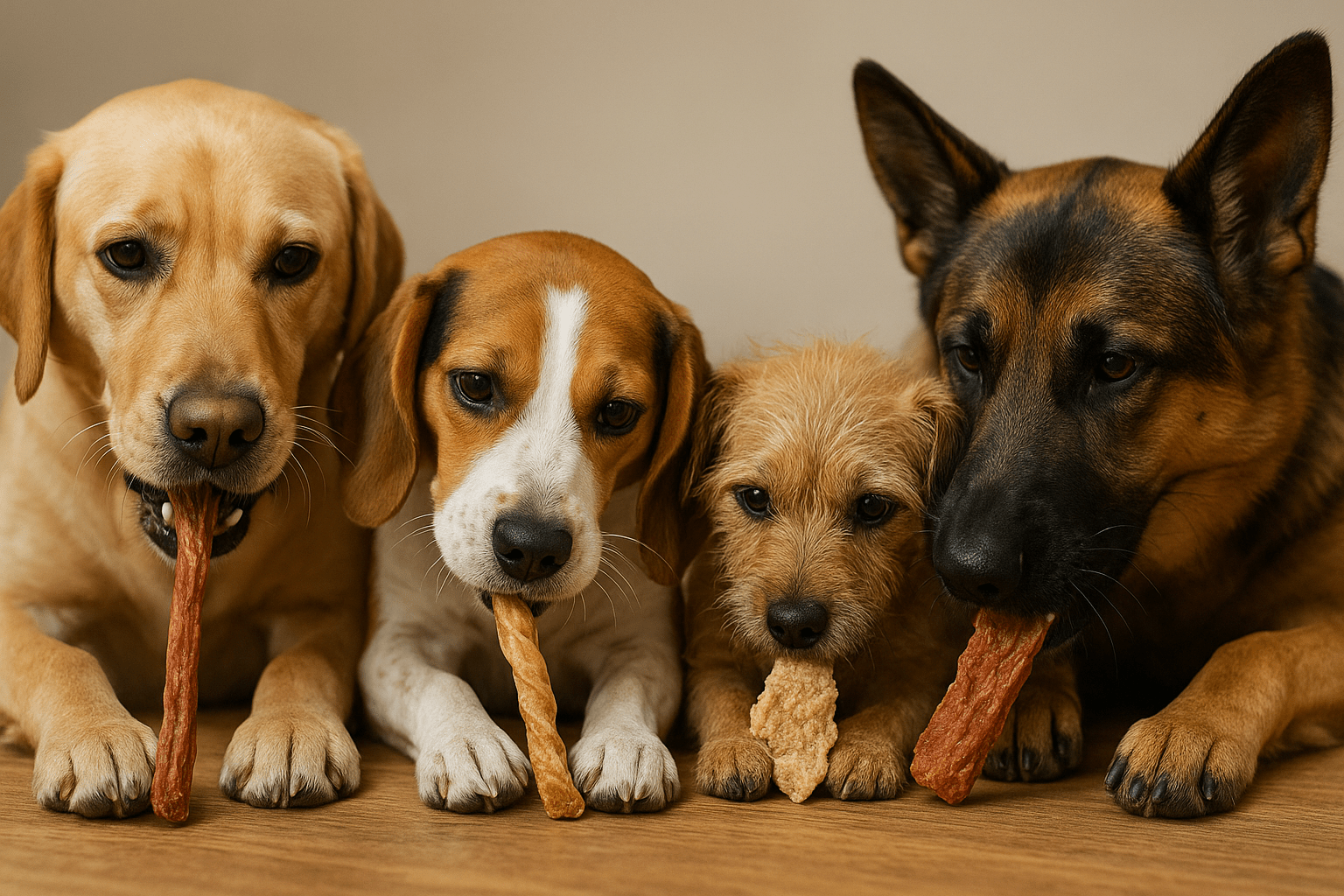 Four dogs of different breeds lying on wooden floor chewing on dog treats