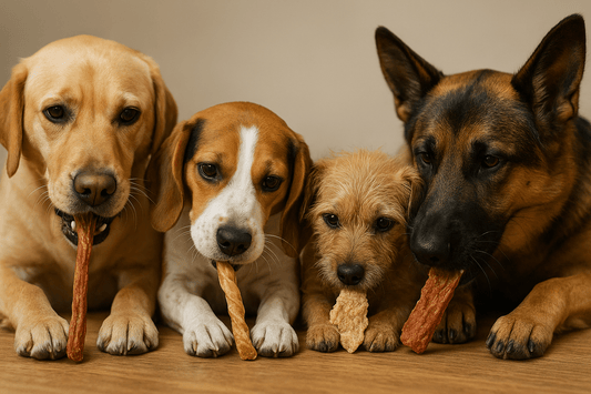 Four dogs of different breeds lying on wooden floor chewing on dog treats