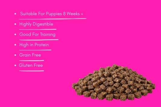 Pile of venison training treats for dogs on pink background with health benefit text