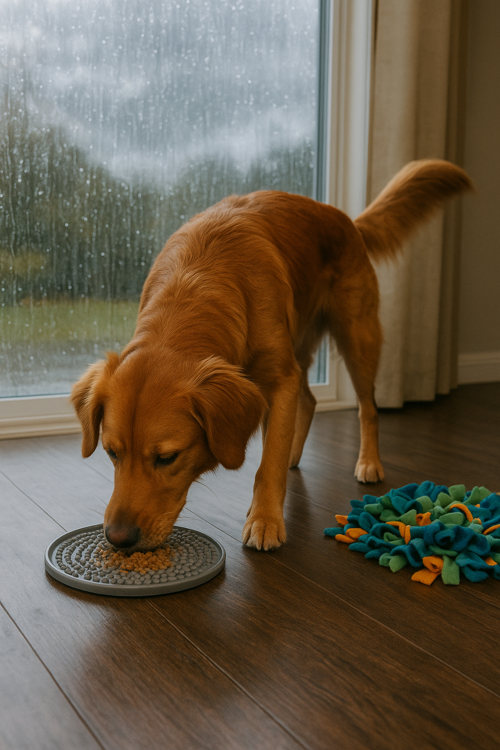 Dog eating from a mat on a wooden floor with a rainy window background