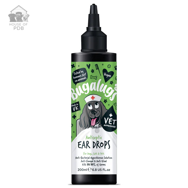 Bugalugs Antiseptic Ear Drops bottle with green and white label on a white background