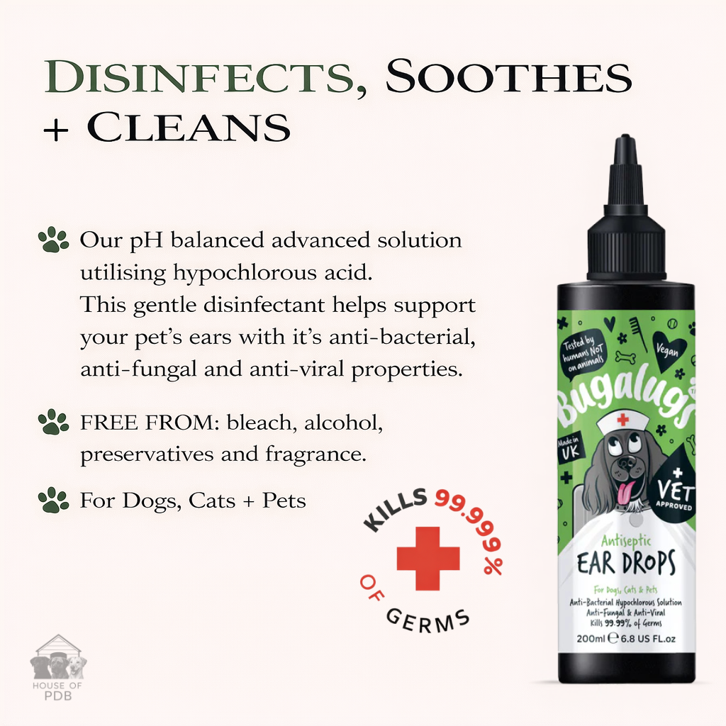 Bottle of Bugalugs ear drops for pets with text highlighting benefits and features.