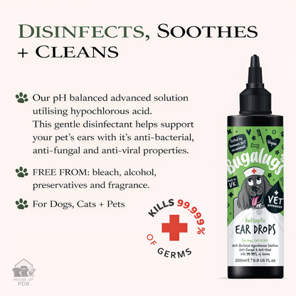 Bottle of Bugalugs ear drops for pets with text highlighting benefits and features.