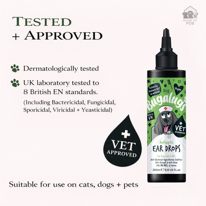 Bottle of Bugalugs ear drops for pets with text about testing and approval on a white background.
