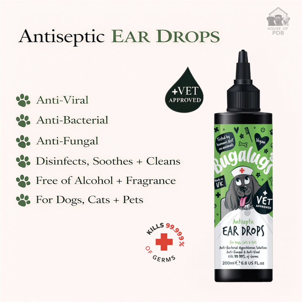 Bottle of Bugalugs Antiseptic Ear Drops for dogs, cats, and pets with product details on a white background.