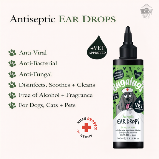 Bottle of Bugalugs Antiseptic Ear Drops for dogs, cats, and pets with product details on a white background.