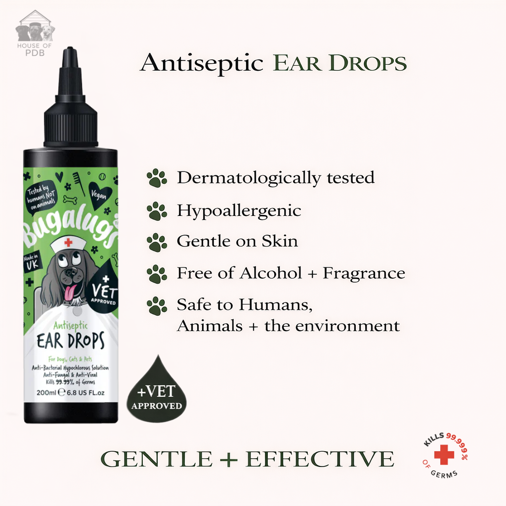 Bugalugs Antiseptic Ear Drops with the benefits of the product listed.