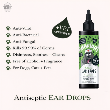 Bugalugs antiseptic ear drops for pets with vet-approved label and product details and benefits.