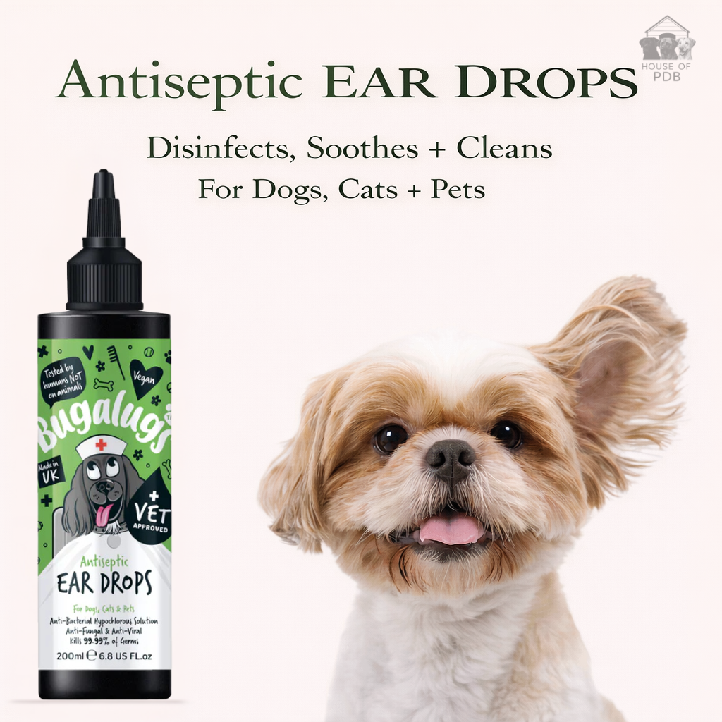 Bigalug ear drops for dogs and cats with a small dog in the background