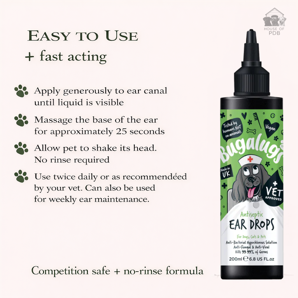 Bottle of Bugalugs ear drops for pets with usage instructions on a white background