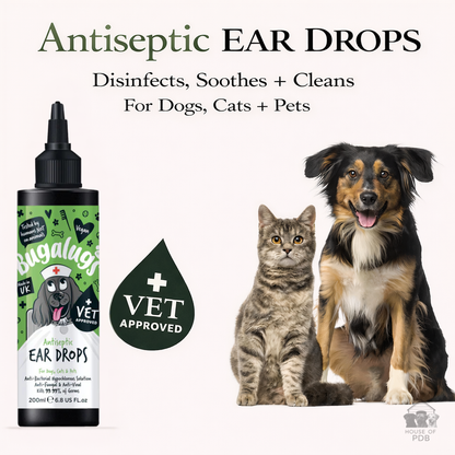 Bugalugs ear drops for dogs, cats, and pets with a dog and cat on a white background.