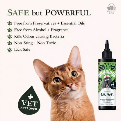 Cat with a bottle of bugalugs antiseptic ear drops and product features on a white background