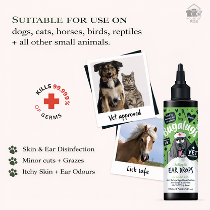 Bagalugs ear drops packaging with images of animals and product details on a white background