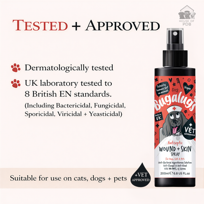 Bugalugg wound and skin spray bottle with certification text on a white background