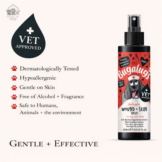Bugalugs antiseptic wound and skin spray with a list of the benefits of the product and a vet approved badge 