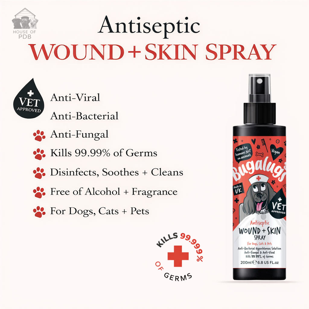 Bugalugs antiseptic wound and skin spray with a list of the benefits of the product with a vet approved badge and a kills 99.9% of germs badge 