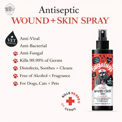Bugalugs antiseptic wound and skin spray with a list of the benefits of the product with a vet approved badge and a kills 99.9% of germs badge 