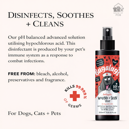 Bugalugs wound and skin spray for pets with text about its properties on a white background.