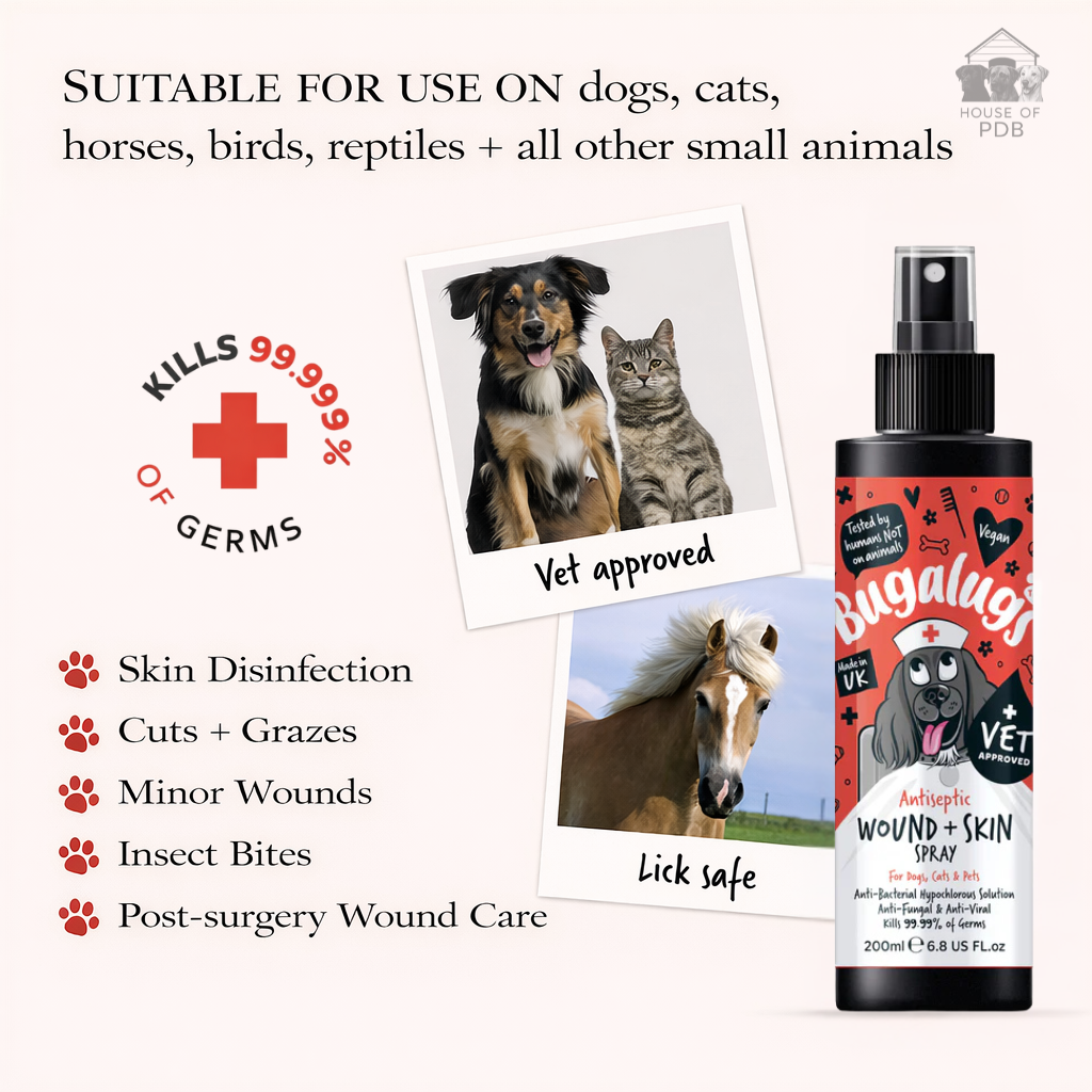 Bugalugs wound and skin spray for animals with images of a dog, cat, and horse, and some of the reasons why you would need the spray. 