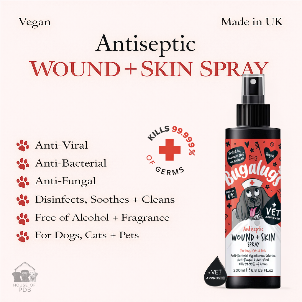 Bugalugs antiseptic wound and skin spray with the benefits of the product  listed, kills 99.9% of germs and is vet approved