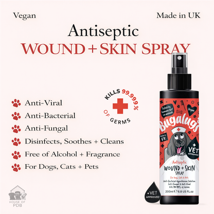 Bugalugs antiseptic wound and skin spray with the benefits of the product  listed, kills 99.9% of germs and is vet approved