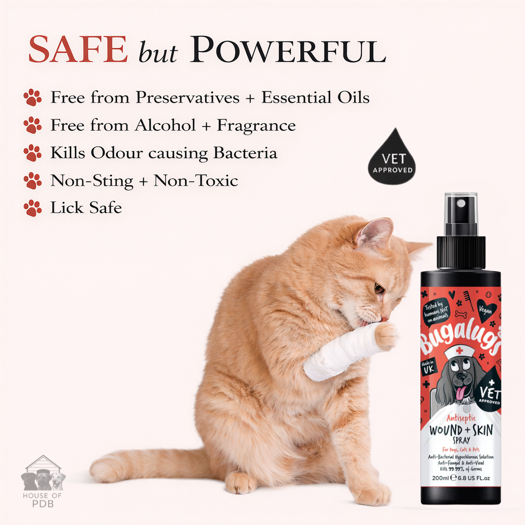 Cat using a spray bottle labeled 'Bugalugs antiseptic wound and skin spray' with product features listed on a white background.