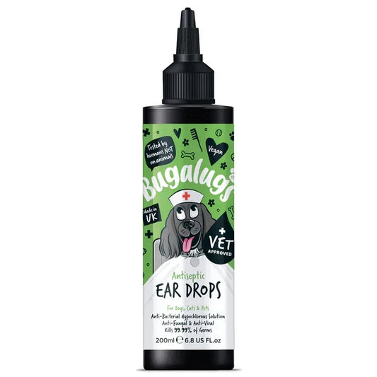 Bugalugs antiseptic ear drops for dogs and cats, 200ml bottle, vet approved, vegan, UK made