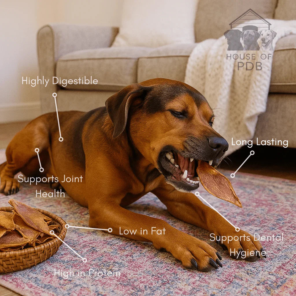 Dog chewing beef bone treat on rug in living room, benefits labeled: digestible, joint health, low fat, protein, dental hygiene, long lasting