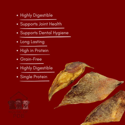 Dried beef dog treats on dark red background with health benefits listed for joint and dental care