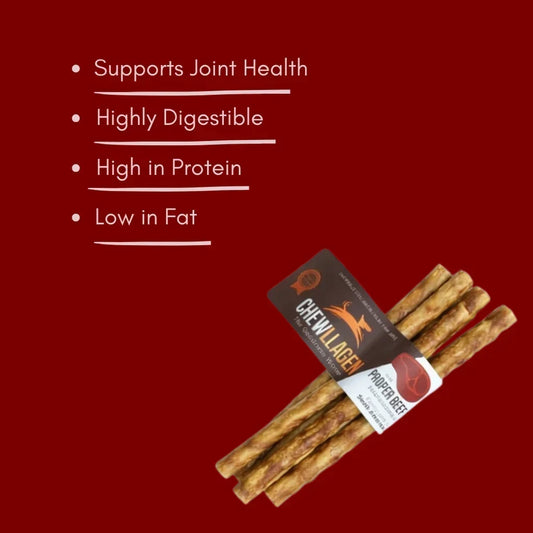 Beef Chewllagen Mini Rolls dog treats, 5 pack with health benefits listed on red background