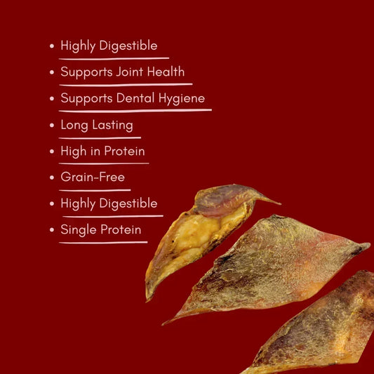 Natural beef moon bones dog treats with health benefits list on red background, House Of PDB